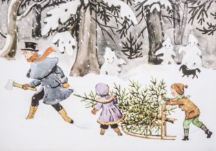 Old Christmas greeting card. A man and two children in the forest with a freshly cut fir tree on a
