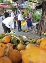 Indian man cutting a coconut, others holding sacks and watching, Begaluru or Bangalore, Karnataka,
