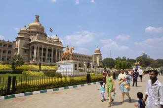 Indian families at the Vidhana Souda or Government Palace of Karnataka, Begaluru or Bangalore,