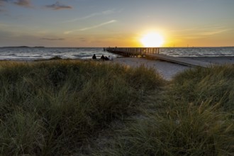Beach with tall grass, pier and sea at sunset, peaceful and idyllic atmosphere, Kobaek Strand,