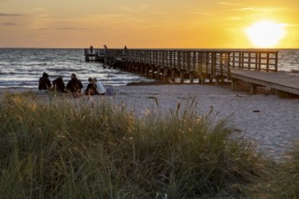 Group of people sitting on the beach next to a pier at sunset, surrounded by grass and sea, Kobaek