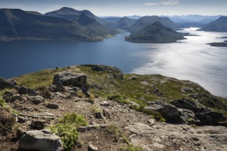 Extensive coastal landscape with mountains and fjords, Otroya or Otrøya island, Møre og Romsdal,