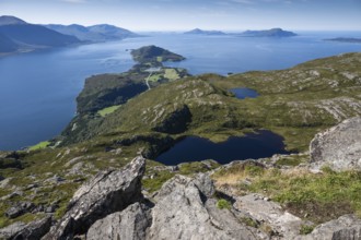 Extensive coastal landscape with mountains, lakes and fjord, Otroya or Otrøya island, Møre og