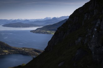 Coastal landscape with mountains, sea and fjords, Otroya or Otrøya island, Møre og Romsdal, Norway