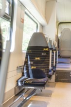 Single modern train seat with a view of the landscape, battery Electric train with green