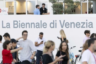 Venice, Italy - 1 September 2025: La Biennale di Venezia - Logo in front of the Palazzo del Cinema