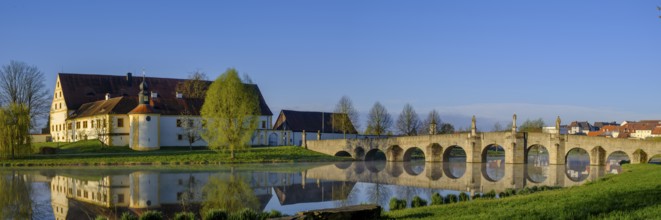 Morning atmosphere, fog at Fischhof, with historic Fischhof bridge, Tirschenreuth, Upper