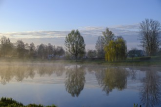 Motorhome site, morning mood, fog at the Fischhof, Tirschenreuth, Upper Palatinate, Bavaria,