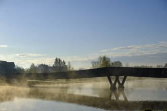 Morning atmosphere, fog at the Fischhof, Fischhofpark, Tirschenreuth, Upper Palatinate, Bavaria,