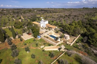 The typical farm Masseria Bianca in Taurisano seen from above, Apulia, Italy