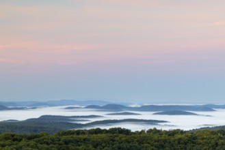 View over the Palatinate Forest, mixed forest, dawn, fog, Luipoldsturm, Hermansbergdorf,