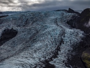 Glacier, glacier tongue, mountains, cloudy, summer, aerial view, Fjalljökull, Skaftafell, Iceland