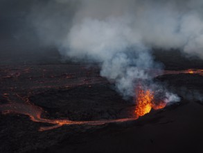 Lava, volcanic eruption, volcano, ash cloud, aerial view, Sundhnúkur crater chain, July 2025,