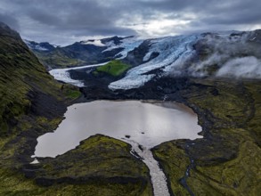 Glacier, glacier tongue, lake, mountains, cloudy, summer, aerial view, Fjalljökull, Skaftafell,