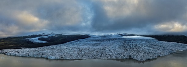 Glacier, glacier tongue, summer, panorama, evening mood, clouds, aerial view, Fjallsjökull,