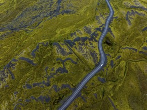 Road, curvy, car, cloudy, rainy, summer, aerial view, South Iceland, Iceland