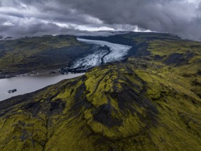 Glacier, glacier tongue, lake, mountains, cloudy, rainy, summer, aerial view, Myrdalsjökull,