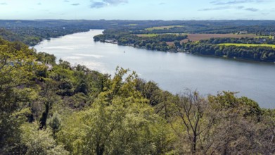 Bird's eye view of Lake Baldeney and Schellenberger Wald mixed forest in front, Essen, North
