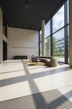 Spacious, modern lobby with large windows and stylish furniture in the sunlight, Munich, Germany