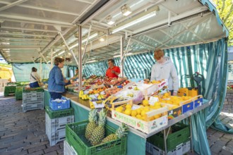 People buying fresh fruit at a colourful market stall under a striped market tent, Sindelfingen,