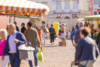 People strolling through a busy market with various stalls and colourful umbrellas, Sindelfingen,