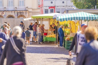 Visitors, including families with children, explore the attractive stalls at the market,