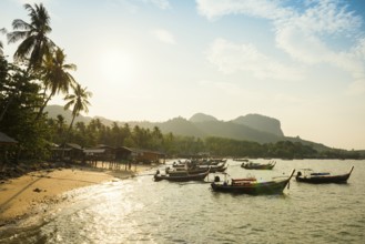 Fishing huts on the beach, sunset, Koh Mook, Trang province, southern Thailand, Andaman Sea,