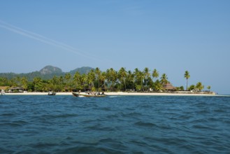 White sandy beach and coconut palms, Pearl Beach, Koh Mook, Trang Province, Southern Thailand,