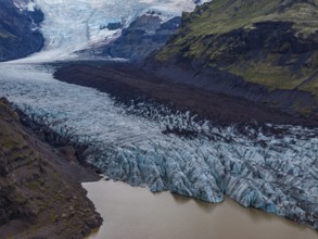 Glacier, glacier tongue, glacier lake, mountains, cloudy, aerial view, summer, Svinafellsjökull,