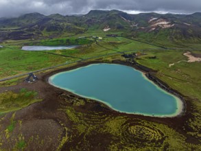 Lake, crater lake, mountains, cloudy, turquoise, volcanic landscape, hot springs, aerial view,