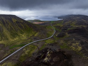 Road, curves, lonely, lake, mountains, volcanic landscape, clouds, aerial view, summer,