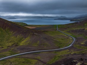 Road, mountains, lake, clouds, mountain road, curves, aerial view, summer, Reykjanes Peninsula,
