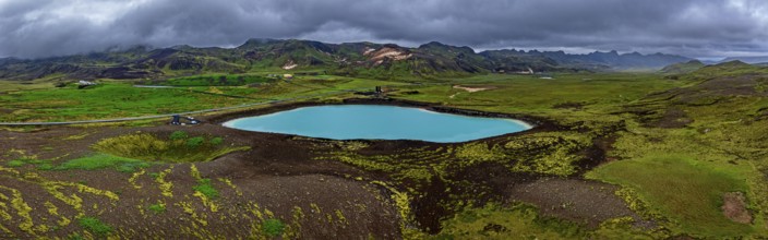 Lake, crater lake, mountains, cloudy, turquoise, volcanic landscape, hot springs, panorama, aerial