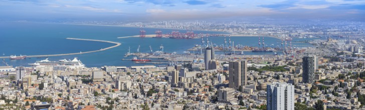 Israel, panoramic skyline view of Haifa downtown, port and historic center