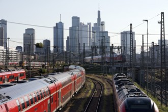 Elevated city view with many trains, railway station and skyscrapers, Frankfurt am Main, Hesse,