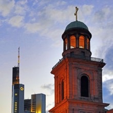Tower of St Paul's Church and Commerzbank Tower in the evening, Frankfurt am Main, Hesse, Germany