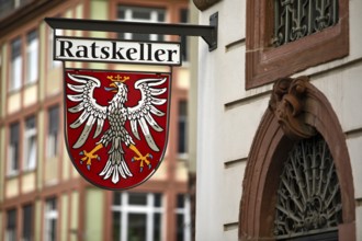 Traditional Ratskeller nose shield with the coat of arms of the city of Frankfurt am Main, Hesse,