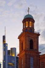 Tower of St Paul's Church and tower of the Commerzbank headquarters in the evening, Frankfurt am
