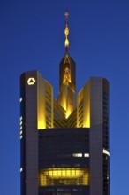 Tower of the Commerzbank headquarters in the evening, Frankfurt am Main, Hesse, Germany