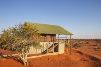 Some of the chalets of the Bagatelle Kalahari Game Ranch are built on top of a sand dune. Kalahari