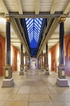 Night view, north-south passageway with columns and arcade gallery, two storeys, town hall