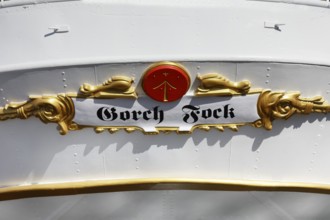 Ship name at the stern, Gorch Fock, also Gorch Fock I, built in 1933 by Blohm & Voss for the