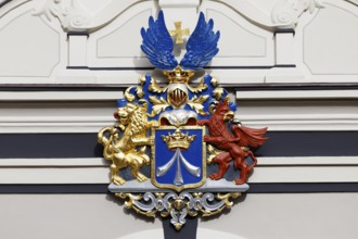 Coat of arms of Swedish Pomerania on the town hall, Alter Markt Old Town, UNESCO World Heritage
