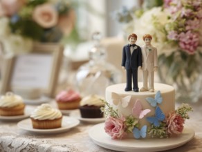 Wedding cake with male bride and groom topper and floral decoration, symbolic image for same-sex