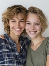 Two smiling woman in casual clothes pose friendly on a wall, symbolic image for same-sex