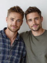 Two smiling men in casual clothes pose friendly on a wall, symbolic image for same-sex