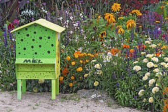 Green beehive in a colourful flowerbed, Brittany, France