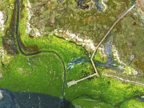Top Down over River Hamble Mud at low tide from drone, Swanwick, Southampton, Hampshire, England,