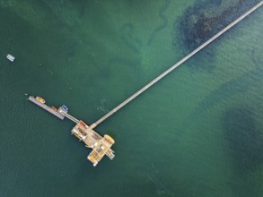 Top Down over Warsash Maritime Academy Pier and River Hamble from drone, Hamble-le-Rice, Warsash,