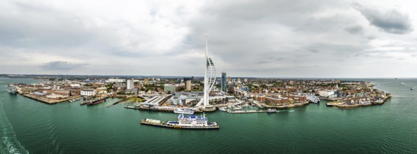 Panorama of Portsmouth Harbour over Spinnaker Tower from a drone, Portsmouth, Gosport, England,